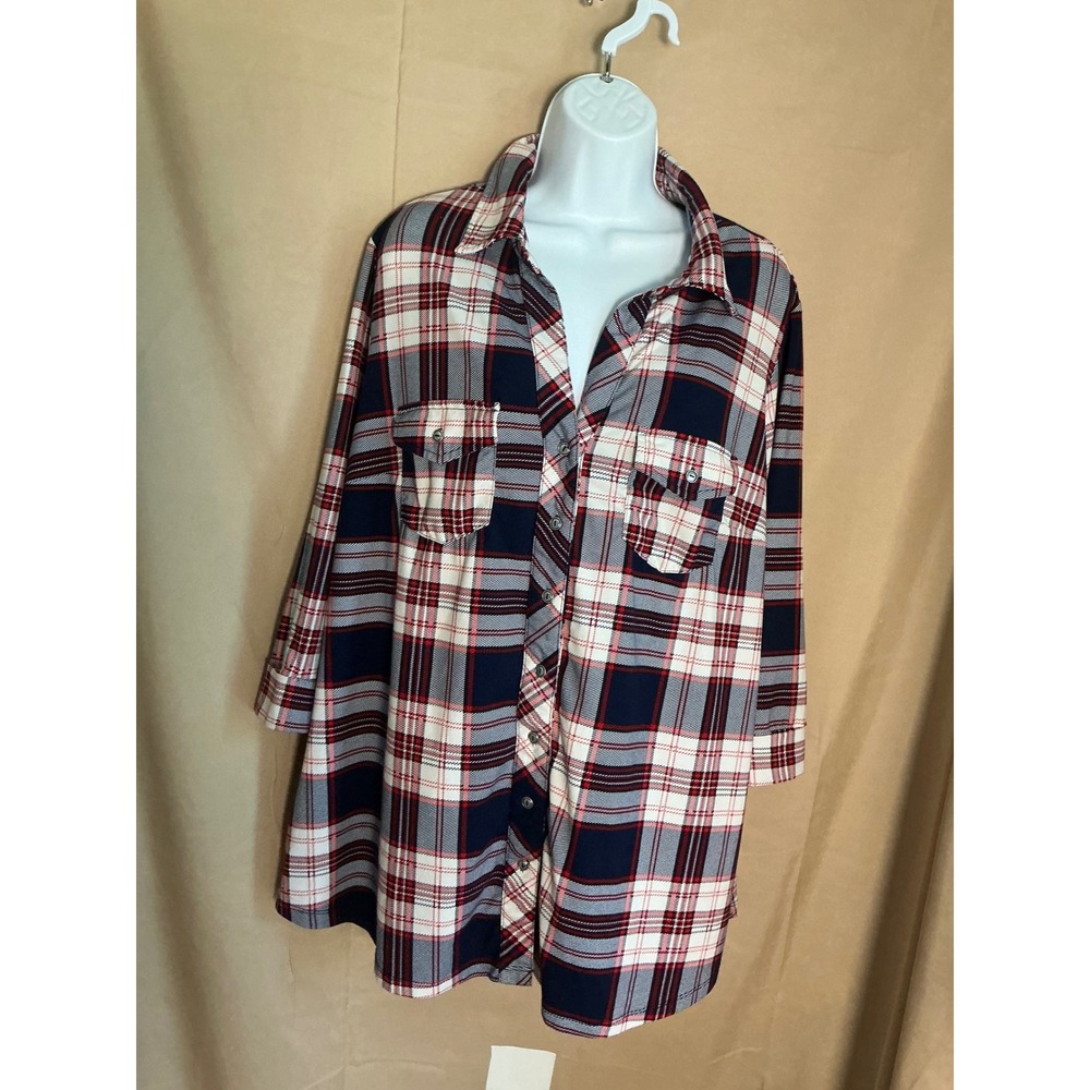 Market & Spruce Button Down Shirt Womens 2X Navy Red Plaid Excellent Stretch 3/4